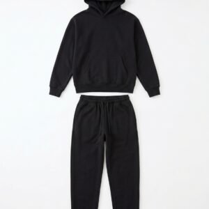 Essential Black Sweatsuit Set featuring matching black pullover hoodie and sweatpants