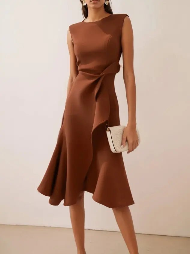 Sleeveless Midi Dress for Women with Crew Neck, Draped Design, Asymmetrical Hem