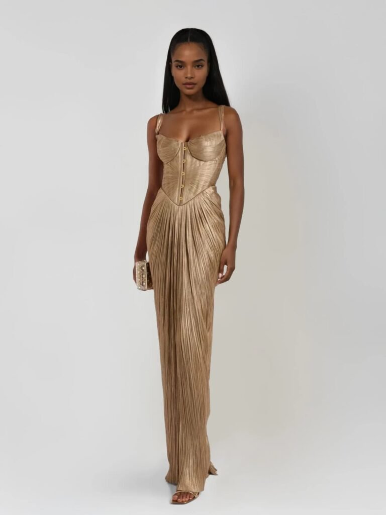 Long Women's Dress with Corset, Pleated, Thin Straps, Lace-Up Back, Slit
