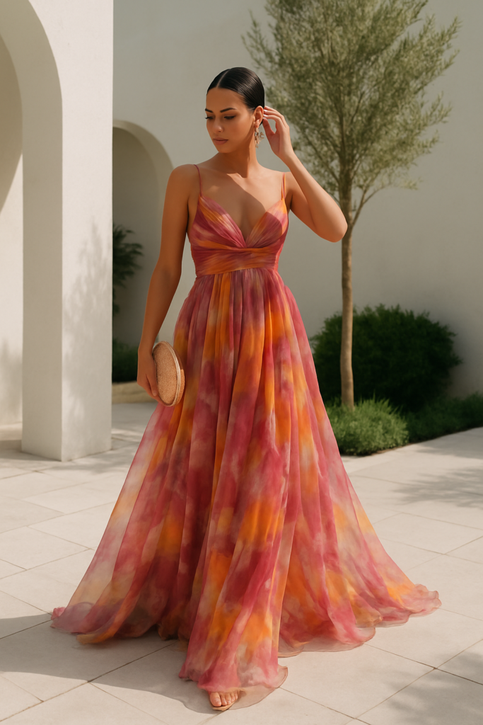 Multicolored Long Women's Dress with Thin Straps and Flowing V-Neck