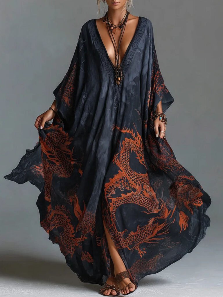 Women's Vintage V neck Long sleeve Casual Loose Cotton linen Dress With Placement Print