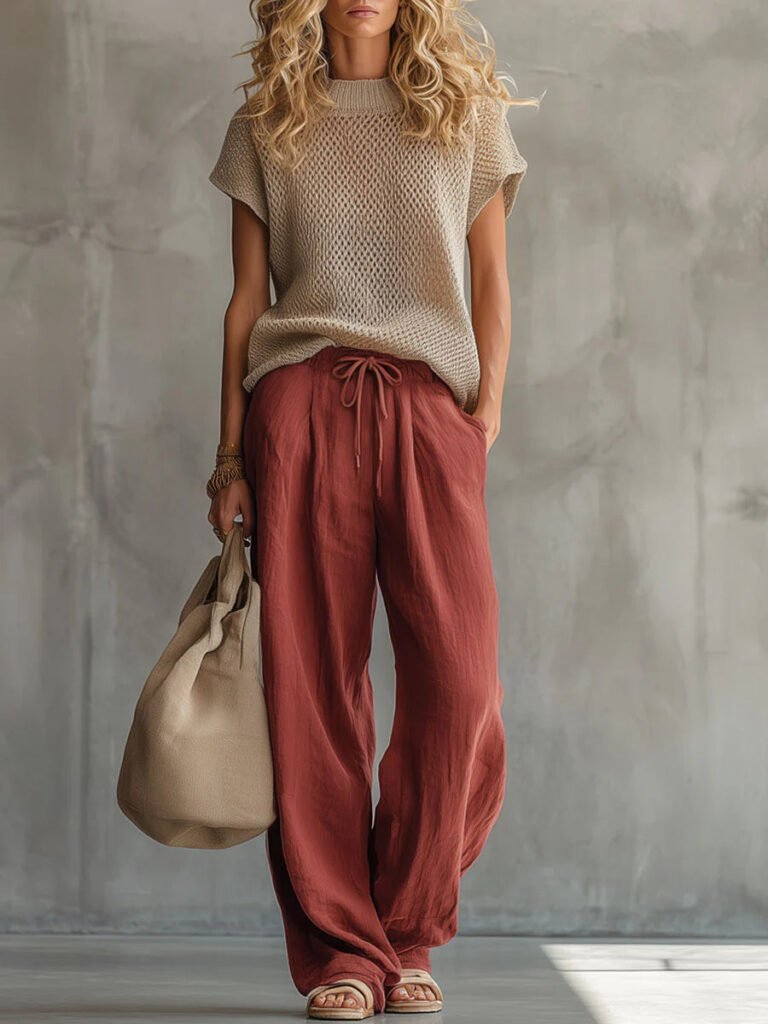 Casual Knitted Pullover Top And Linen cotton Trousers Two piece Set
