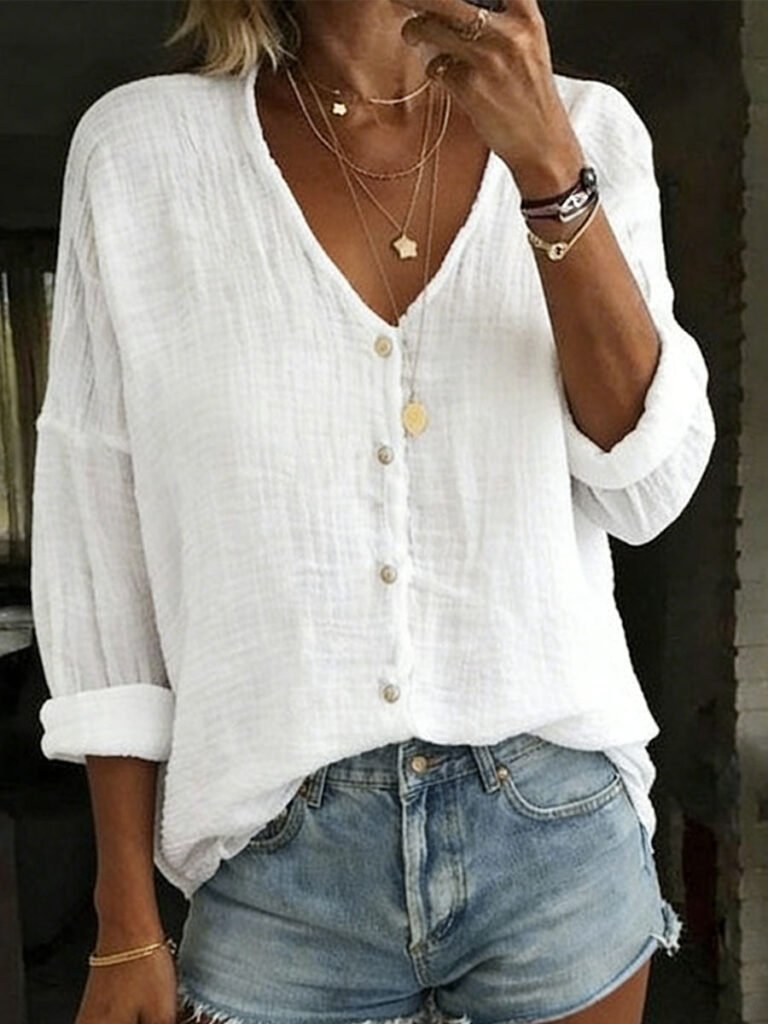 Women's Cotton Linen Loose Solid Color Long sleeved Shirt