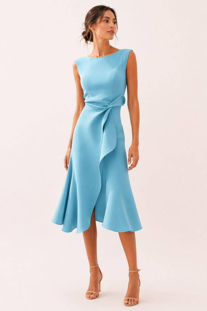 Sleeveless Midi Dress for Women with Boat Neck and Asymmetrical Waist Bow