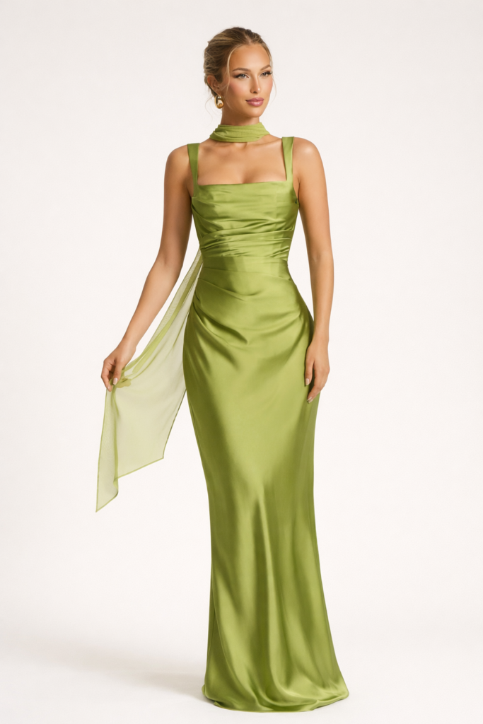 Women's Long Dress with Fitted Cut and Square Neckline with Tie Back