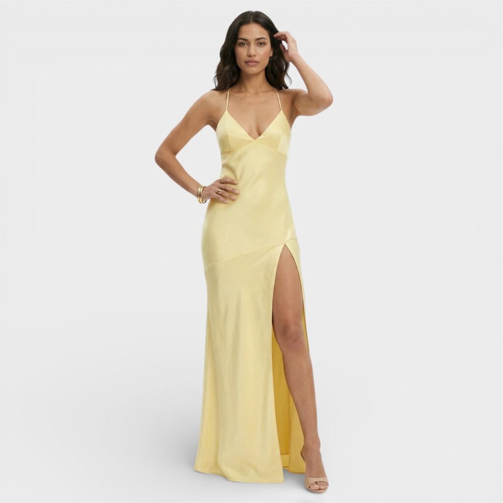 Women's Long Dress with V-Neck, Thin Straps, Side Slit